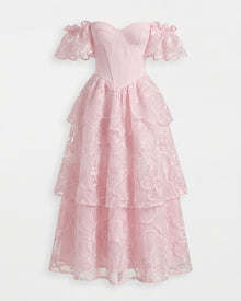 Orchid Embroidered Flutter-Sleeve Midi Dress - Blush Pink