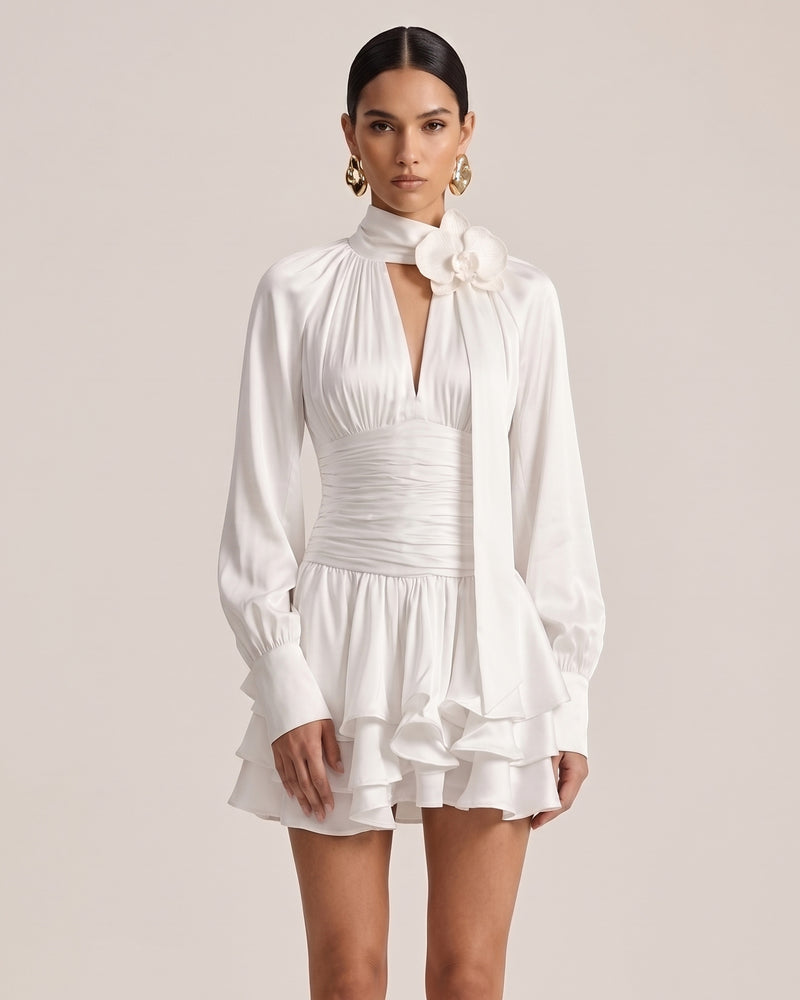 Orchid Embellished Keyhole Long-Sleeve Mini Dress - Cream