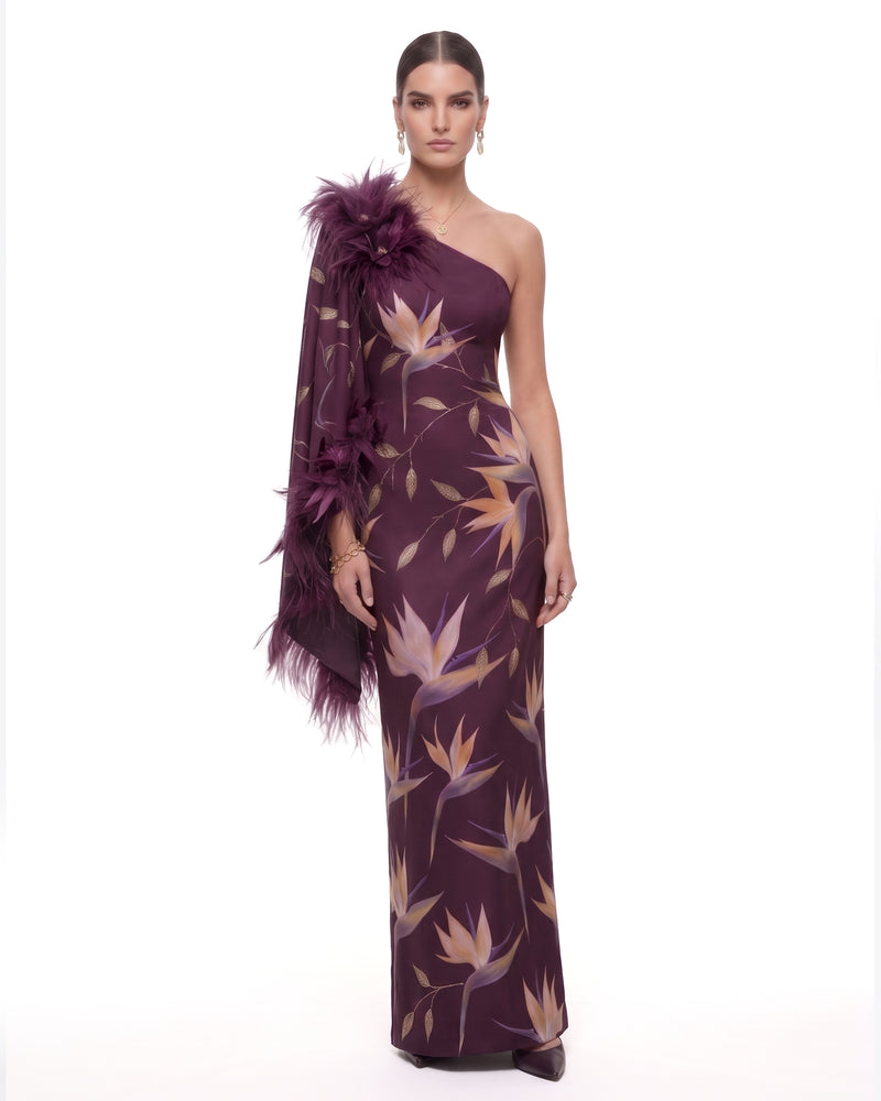 Bird of Paradise Feather-Trim One-Shoulder Maxi Dress - Deep Plum
