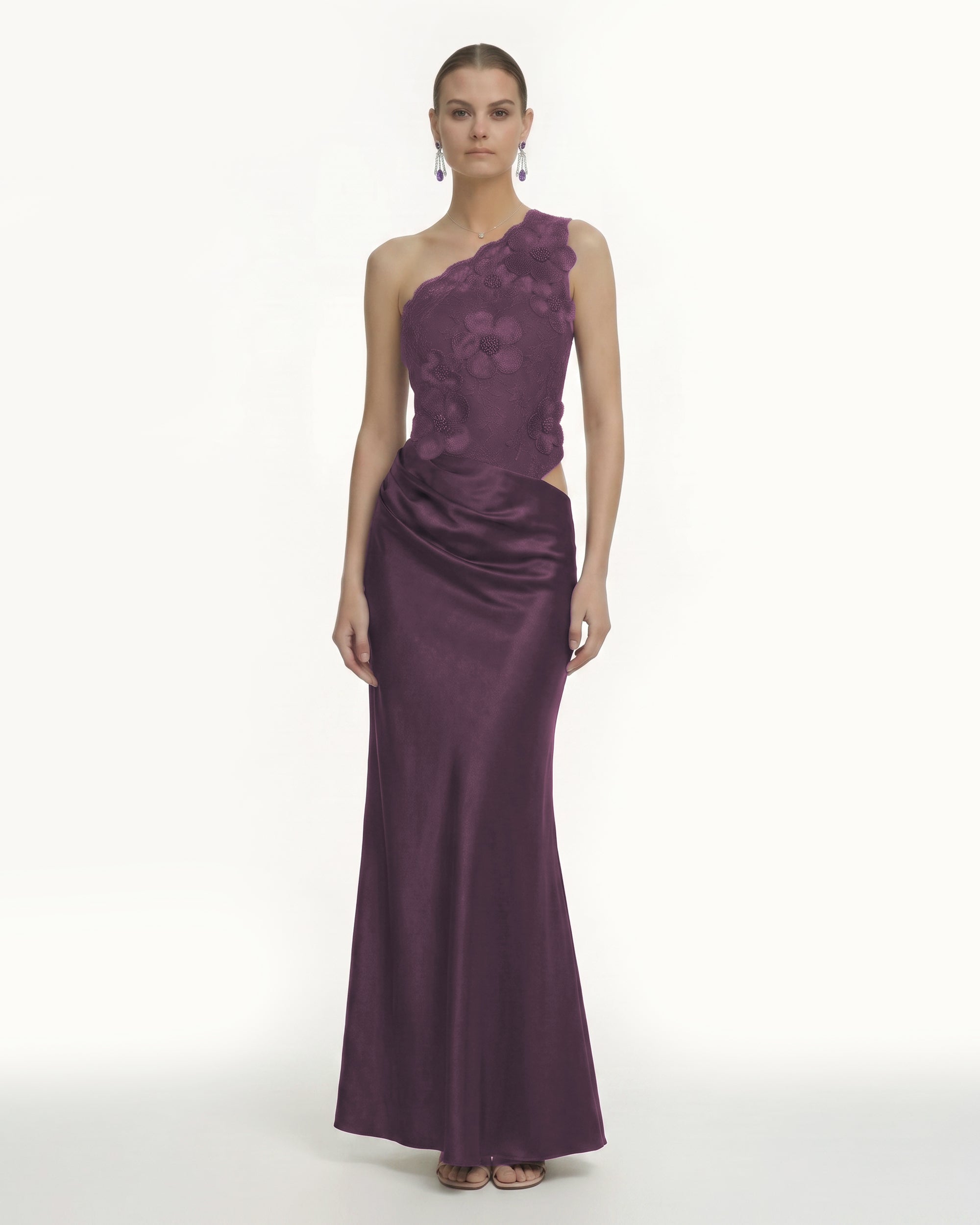 Floral One Shoulder Satin Dress - Eggplant