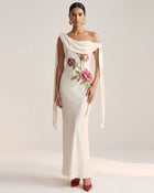 Rose Embroidered One-Shoulder Drape Gown - Pure White