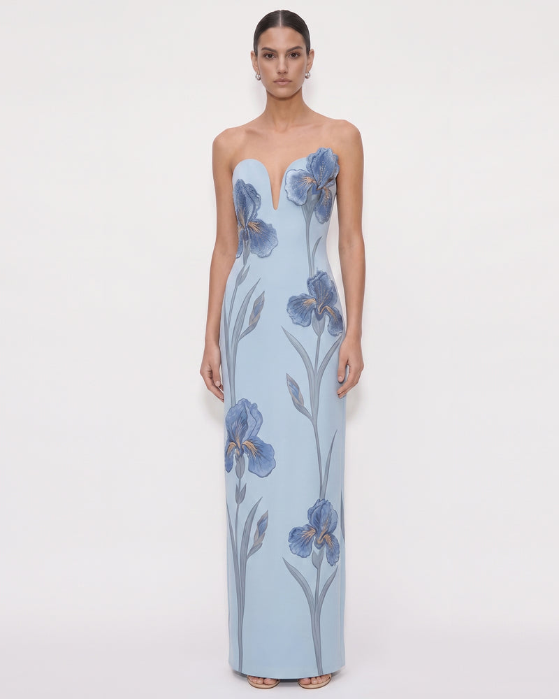 Iris Embroidered 
Notch Neck Strapless Maxi Dress
 - Light Blue