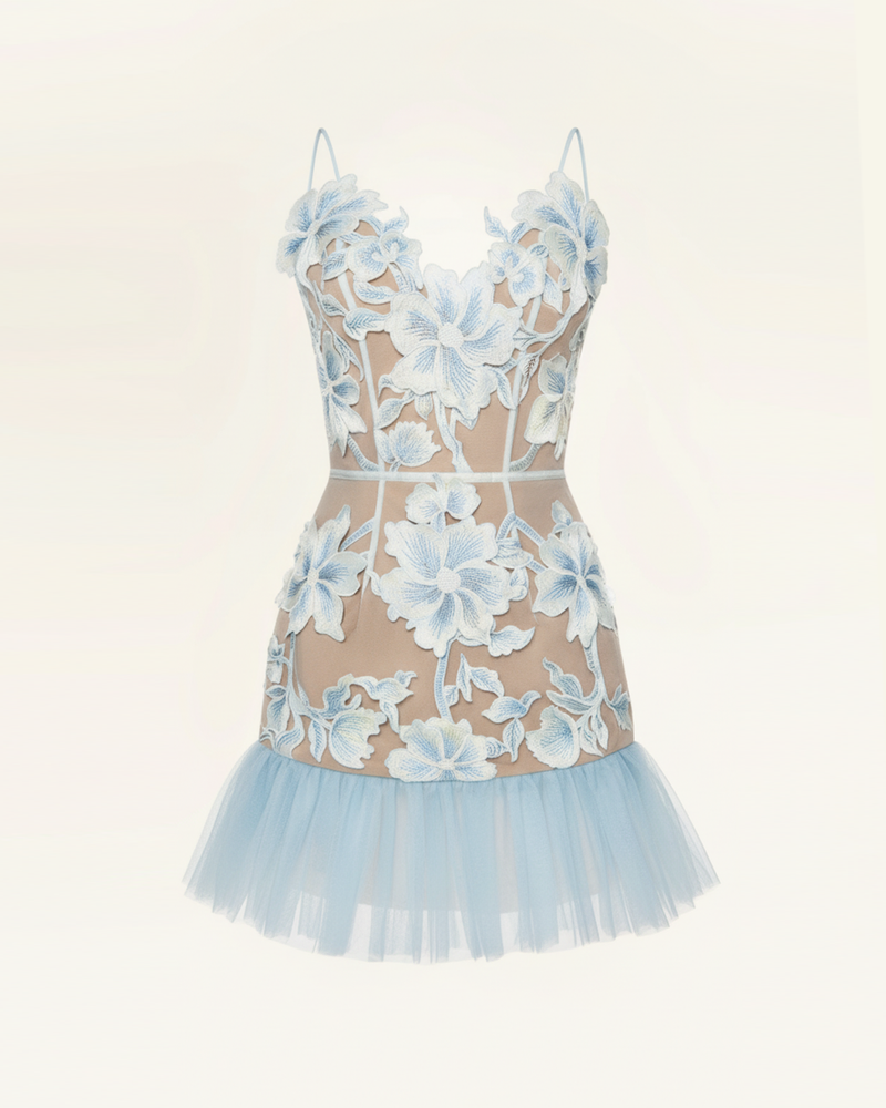 Floral Sling Mini Dress - Blue