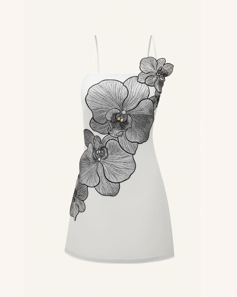 Orchid Appliqué Mini Dress - White/Silver
