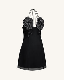 Flower Embroidered Mini Dress - Black