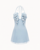 Flower Embroidered Mini Dress - Blue