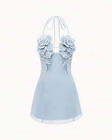 Flower Embroidered Mini Dress - Blue