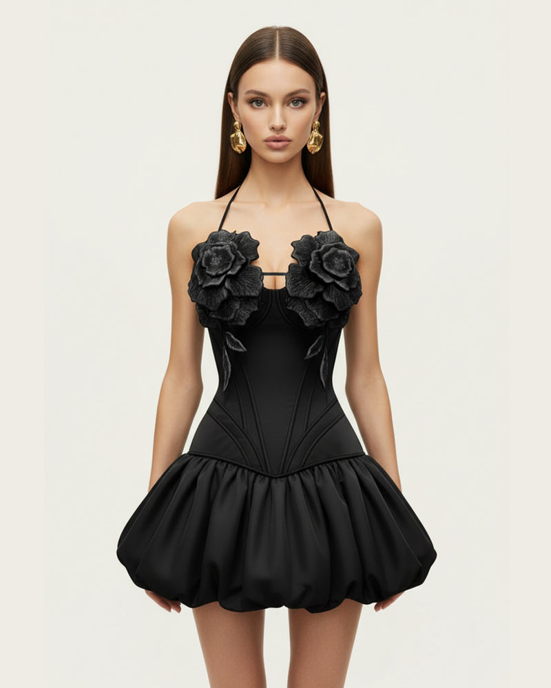 3D Floral Halter Mini Dress - Black