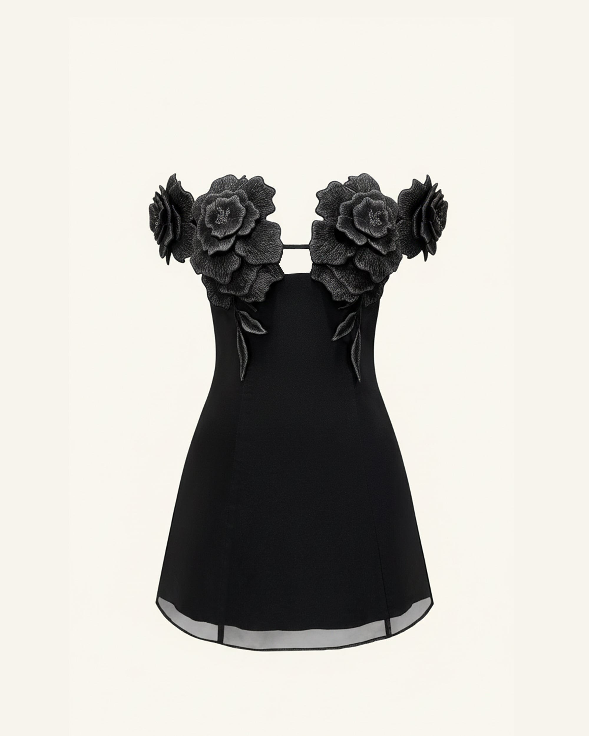 3D Floral Off-Shoulder Mini Dress - Black