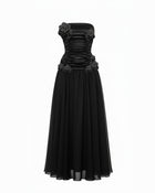 3D Floral Strapless Maxi Dress - Black