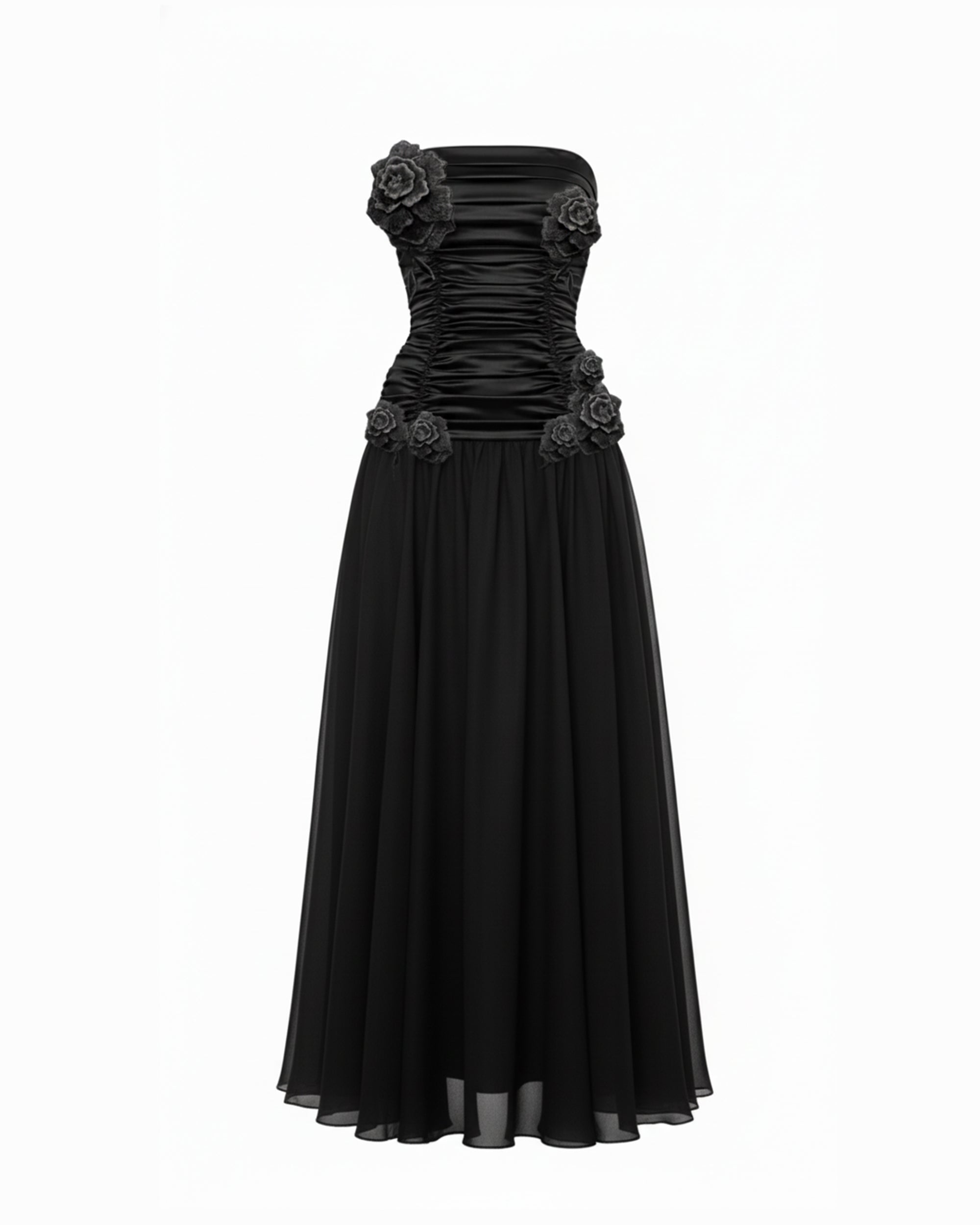 3D Floral Strapless Maxi Dress - Black