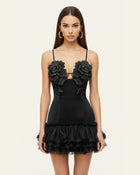 3D Floral Strappy Tulle Mini Dress - Black