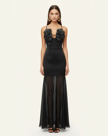 3D Floral Strappy Mesh Maxi Dress - Black