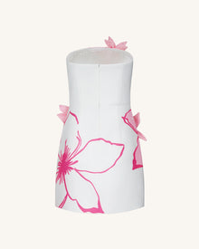 Mini Dress with Pink Floral Appliqués - White/Pink