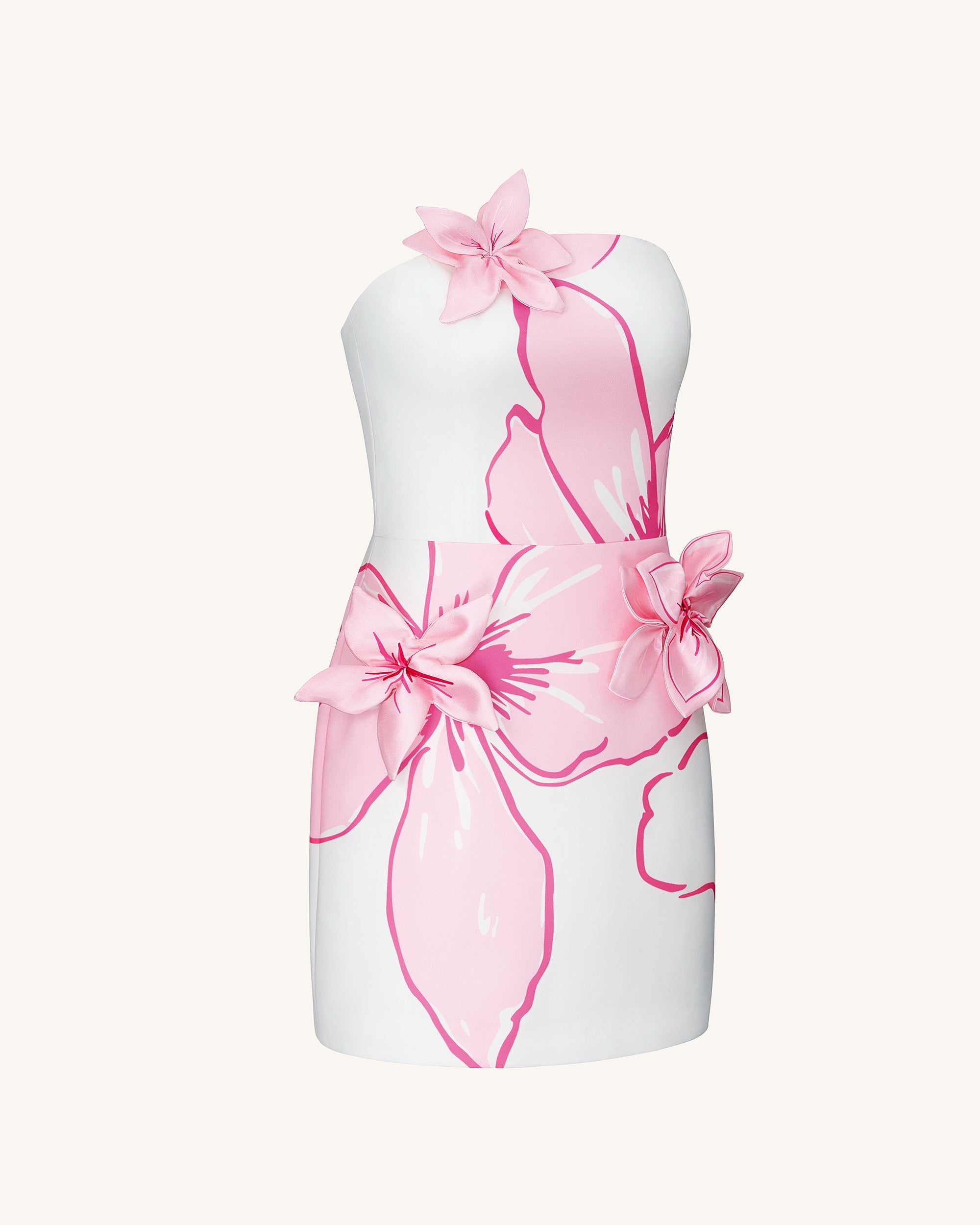 Mini Dress with Pink Floral Appliqués - White/Pink