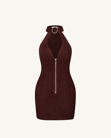 Ruby Halter Neck Zipper Mini Dress - Coffee Red