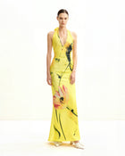 Floral Satin Halter Dress - Yellow/Pink