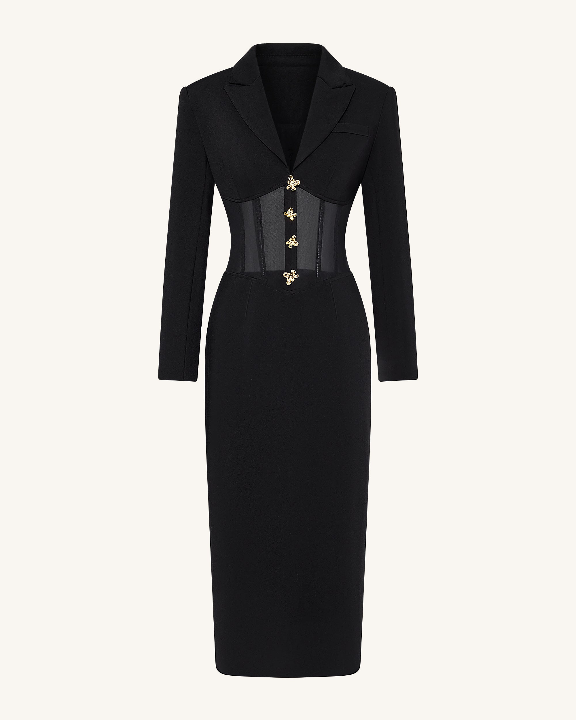 Sheer Boned Corset Waist Blazer Maxi Dress - Black