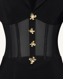 Sheer Boned Corset Waist Blazer Maxi Dress - Black