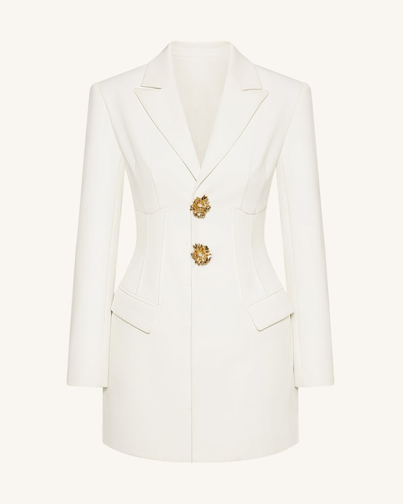 Gold Button Fitted Blazer Dress – White