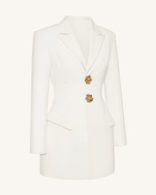 Gold Button Fitted Blazer Dress – White