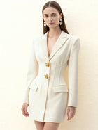 Gold Button Fitted Blazer Dress – White