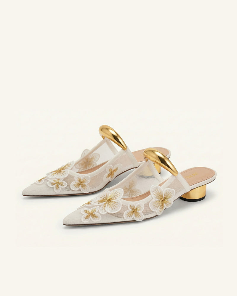 Helena Pierced Floral Mesh Mules - Ivory