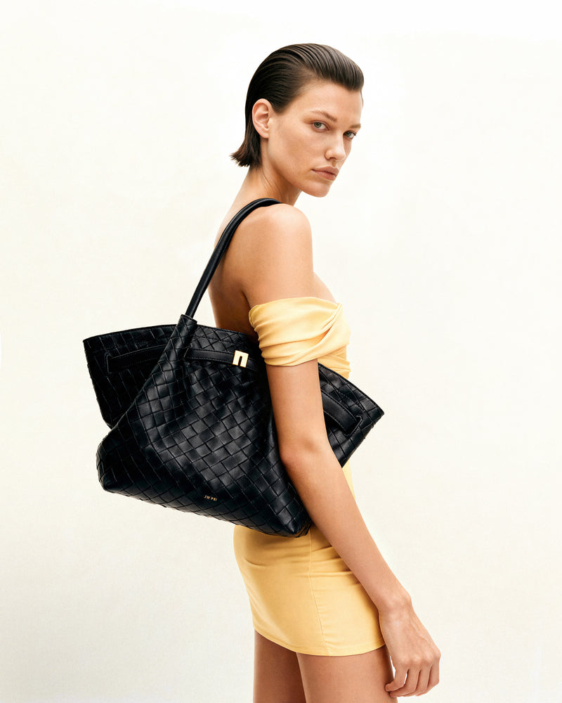 Hana Medium Weave Texture Tote Bag - Black