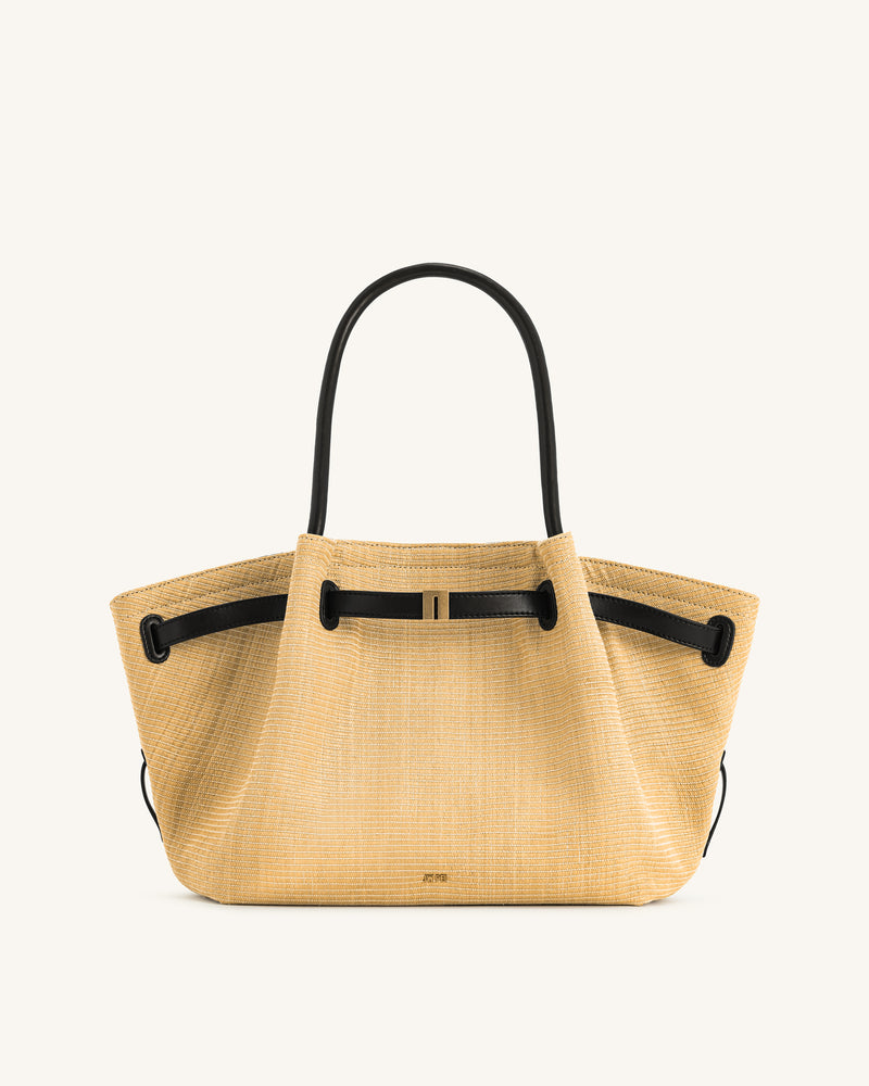 Hana  Medium Faux Straw Tote Bag - Brown Straw