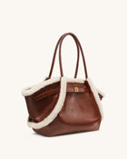 Hana Medium Faux Shearling Trim Tote Bag - Brown