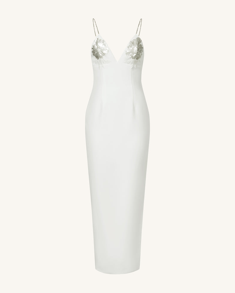 Ayliua Sweetheart-Neckline Rhinestones Embellished White Long Dress - White