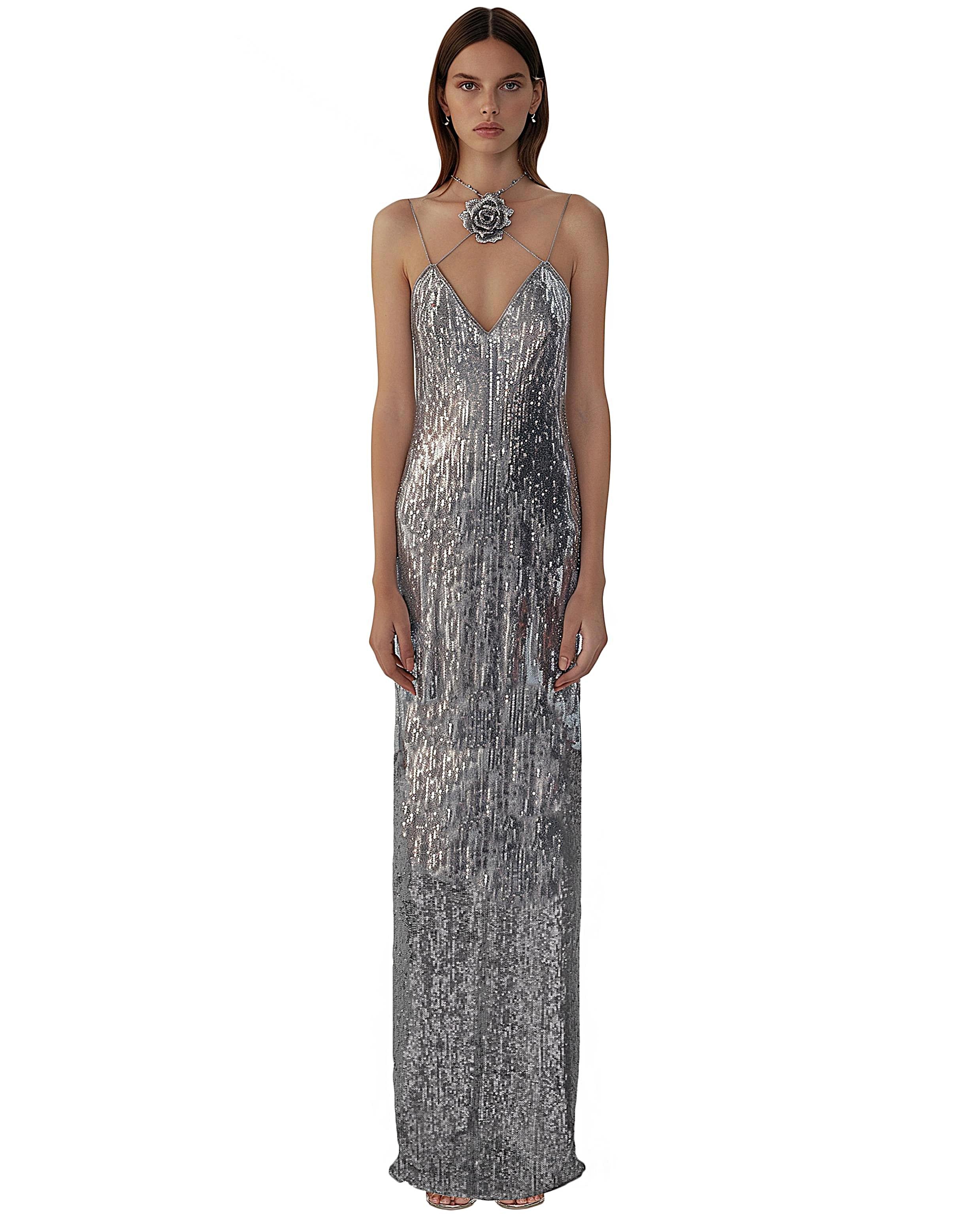 Heisey Silver Sequinned Rosette Maxi Dress Silver