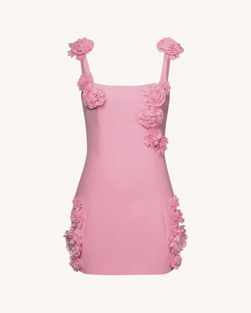 Elaina Pink Rosette Applique Mini Dress-Pink