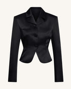 Satin Sculpted Waist Cropped Blazer - Black