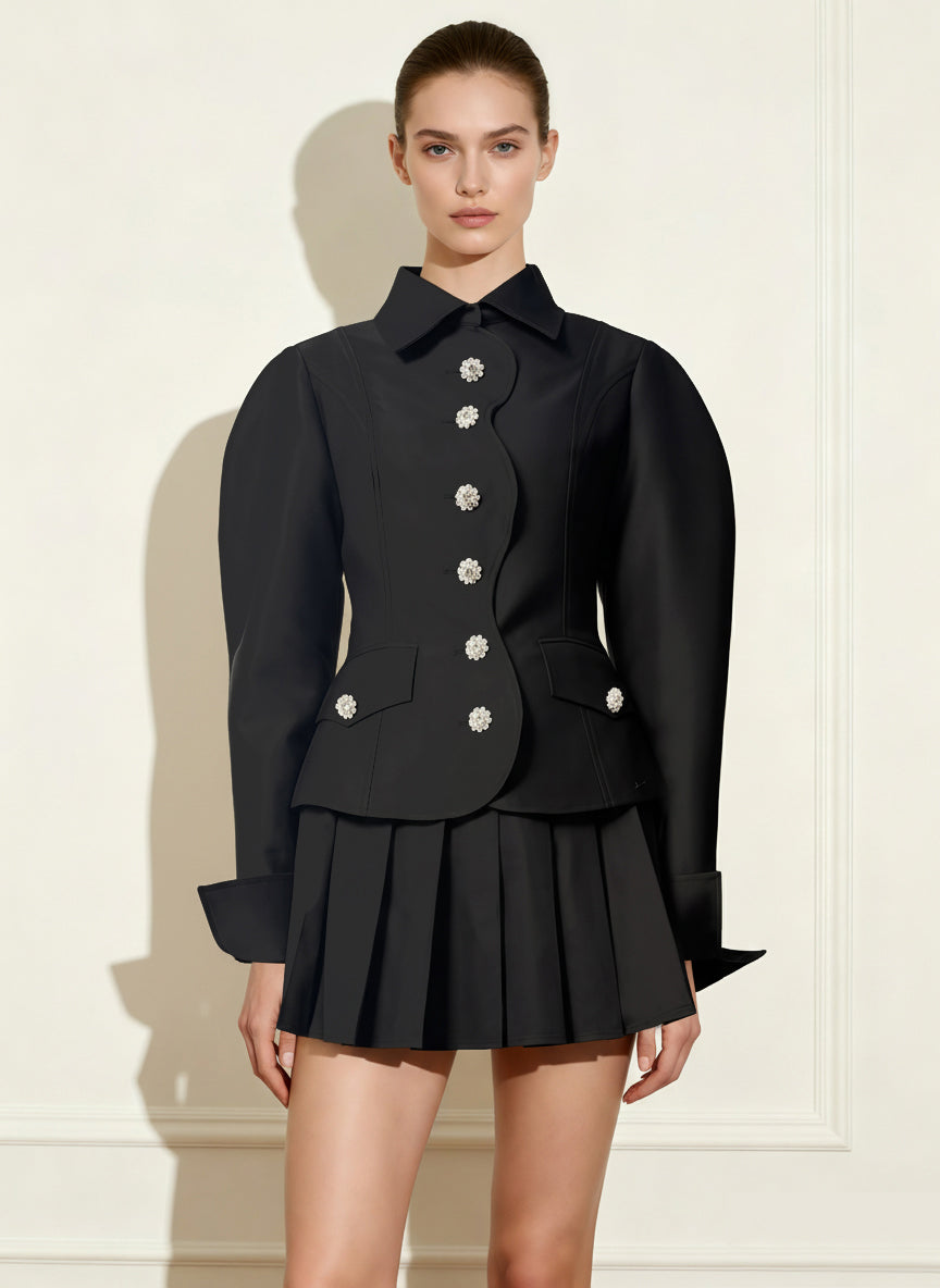 Scalloped Placket Leg of Mutton Blazer - Black