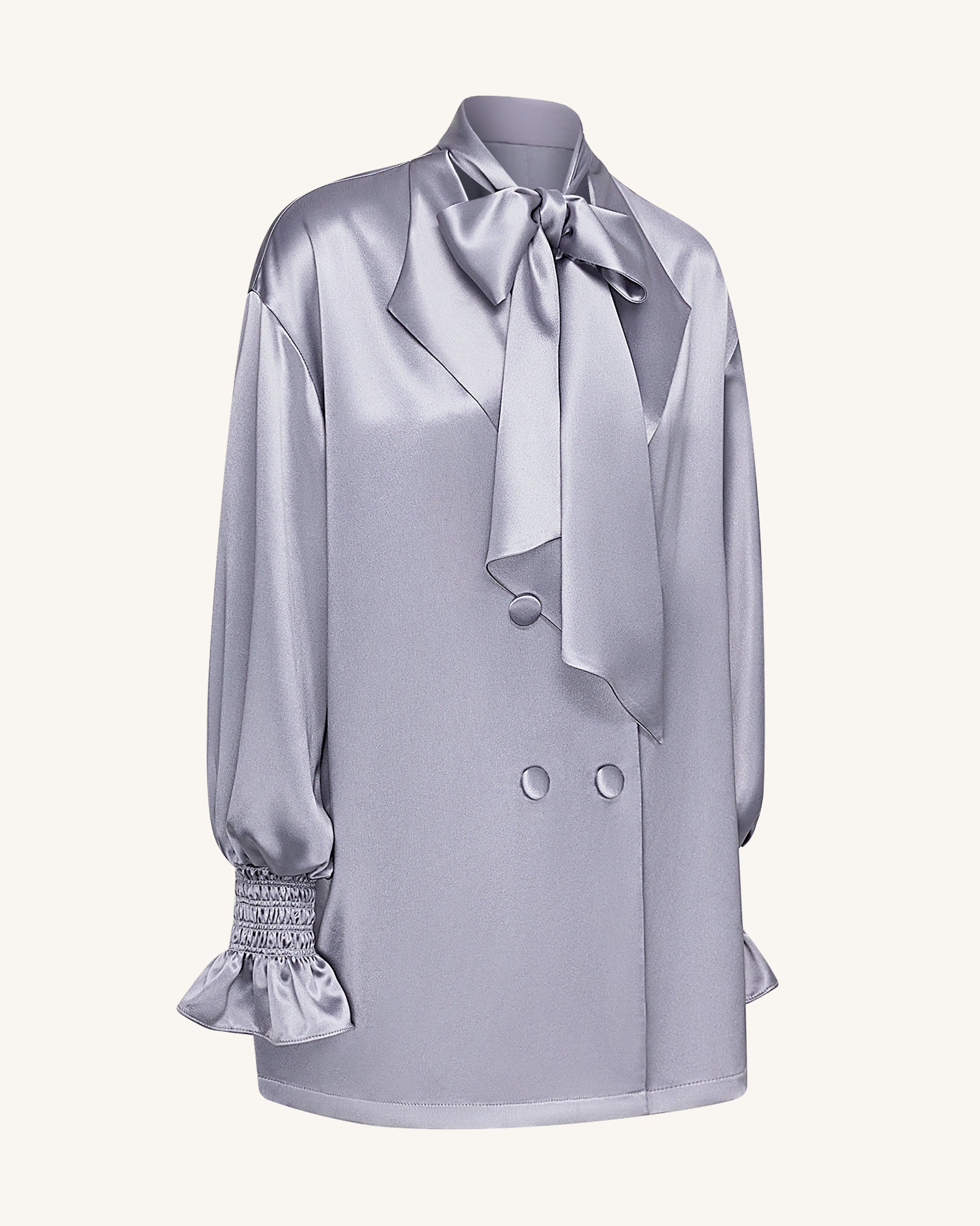 Ribbon Tie Balloon Sleeve Longline Blazer - Silver