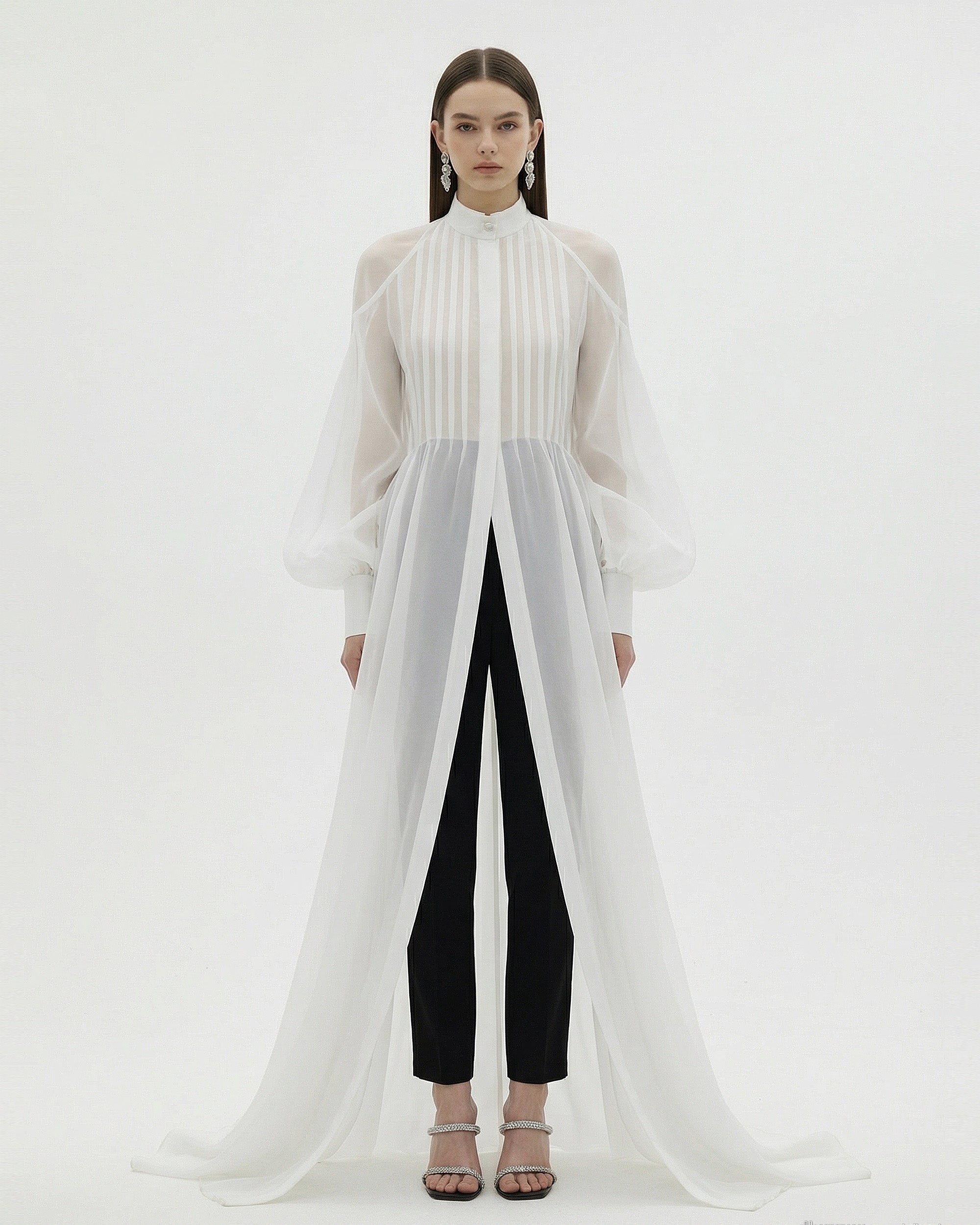 Sheer Pleated Bishop Sleeve Maxi Cape Overlay - White