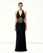 Ruched Lace Panel Maxi Dress - Black