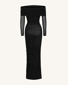 Ruched Off-Shoulder Mesh-Sleeve Mermaid Maxi Dress - Black