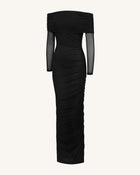 Ruched Off-Shoulder Mesh-Sleeve Mermaid Maxi Dress - Black