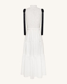 High-Neck Sleeveless Smocked Three-Tier Maxi Dress - White