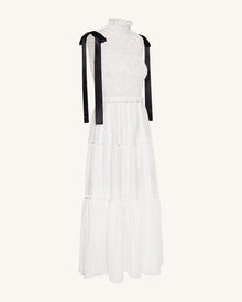 High-Neck Sleeveless Smocked Three-Tier Maxi Dress - White