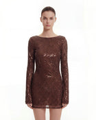 Diagonal Sequin Open-Back Long Sleeve Mini Dress - Brown