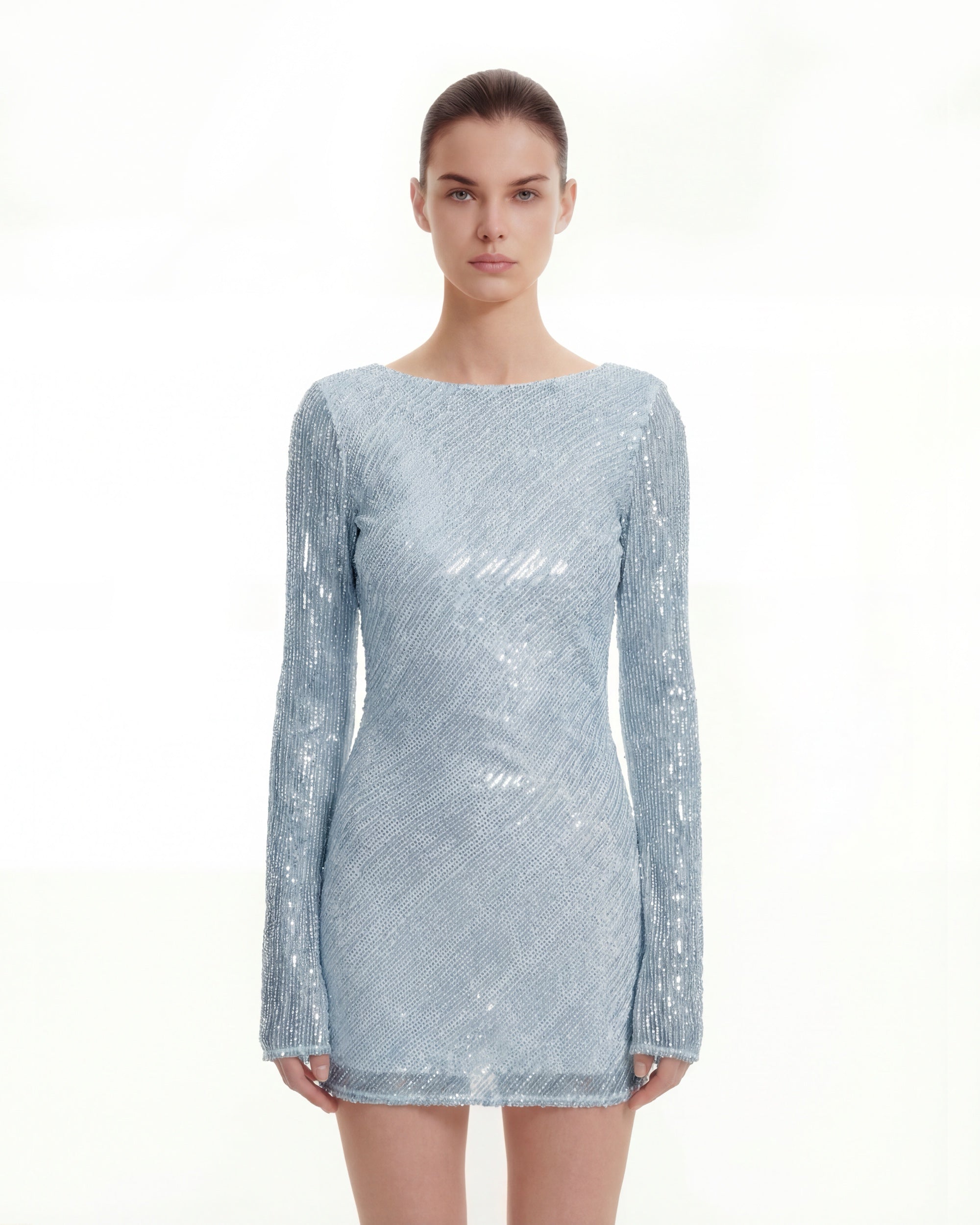 Diagonal Sequin Open-Back Long Sleeve Mini Dress - Blue