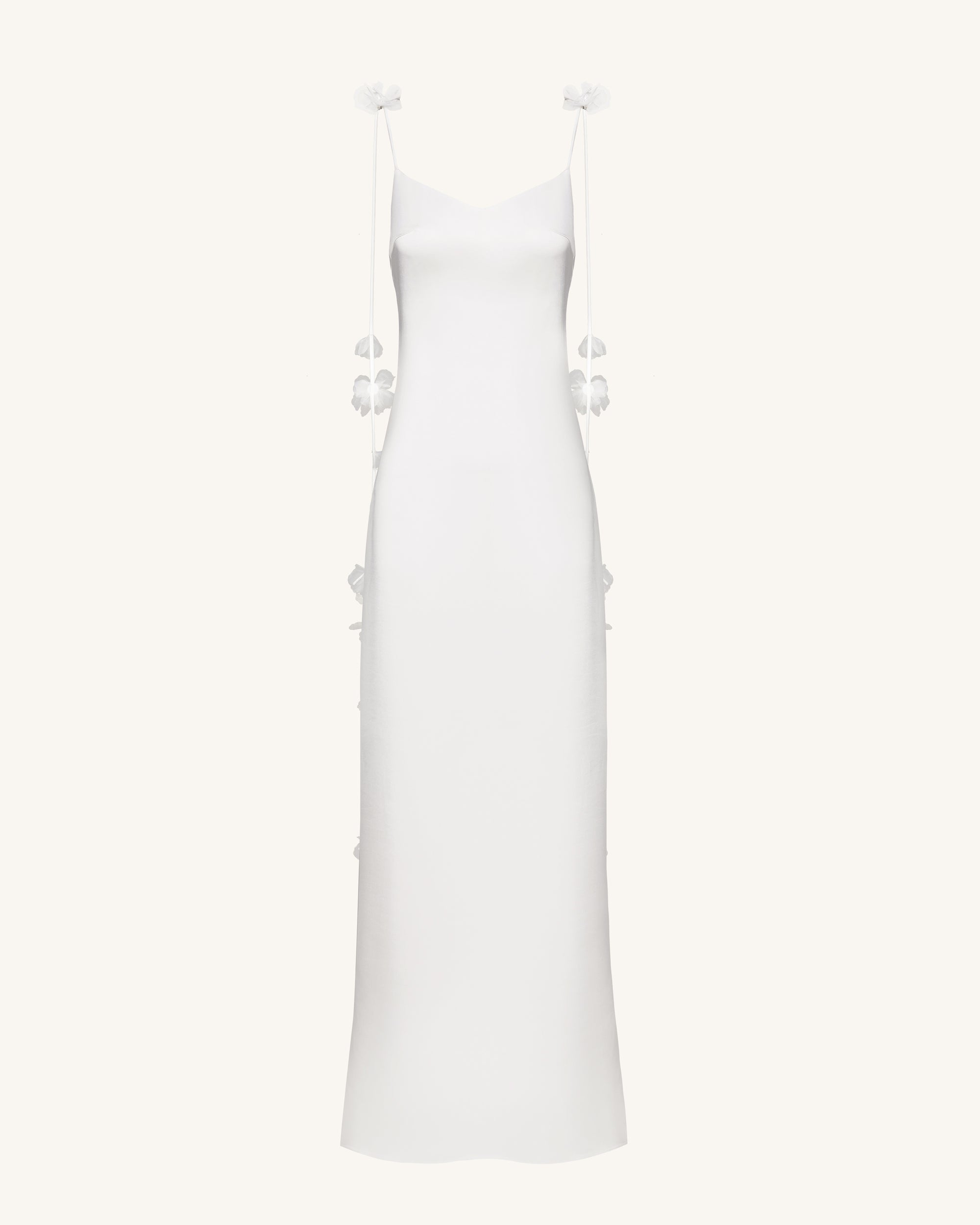 Satin Strappy Maxi Dress with Floral Streamers - White