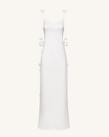 Satin Strappy Maxi Dress with Floral Streamers - White