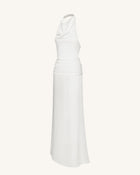 Satin Cowl Neck Ruched Maxi Gown - White