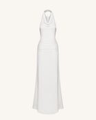 Satin Cowl Neck Ruched Maxi Gown - White