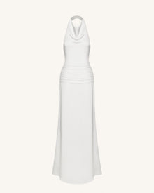 Satin Cowl Neck Ruched Maxi Gown - White