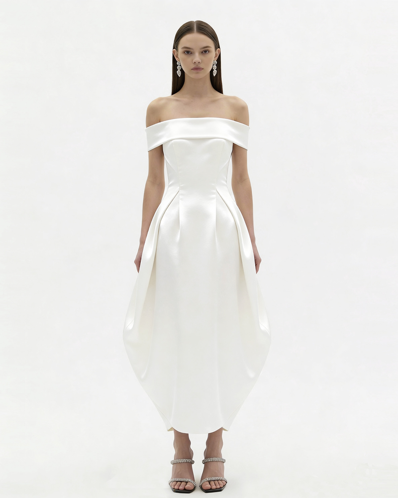 Satin Fold-Over Off-Shoulder Cocoon Midi Dress - White